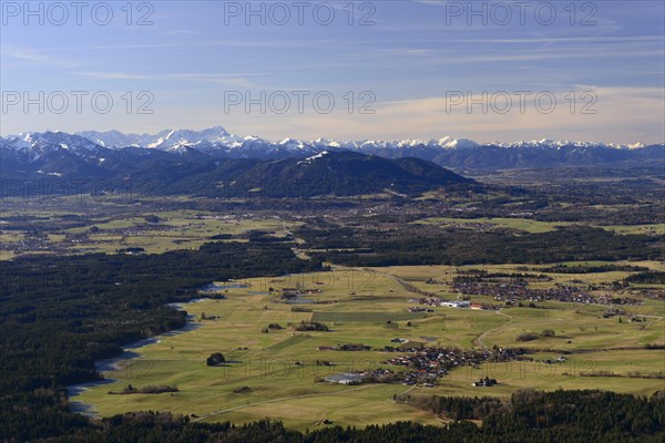 View from a hot air balloon over the Alpine foothills to the Wetterstein mountains with Zugspitze and Ammergau Alps, Montgolfiade Tegernsee Valley, Balloon Week Tegernsee, Bavarian Oberland, Upper Bavaria, Bavaria, Germany, Europe