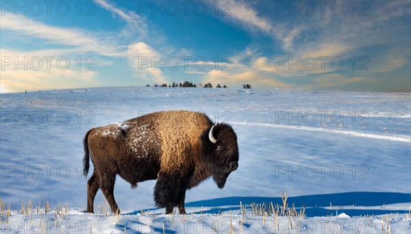 AI generated, animal, animals, mammal, mammals, biotope, habitat, one, individual animal, foraging, wildlife, bison, North America, buffalo, wild cattle, (Bison bonasus), winter, ice, snow, winter landscape