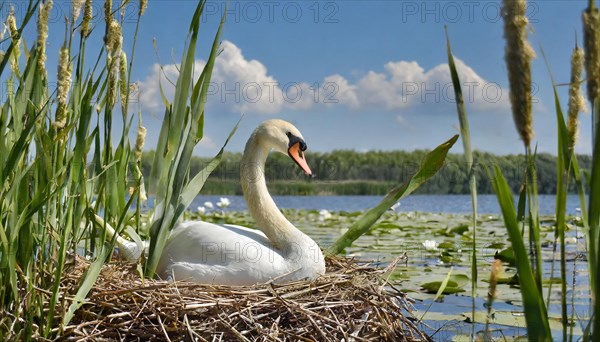 Ai generated, animal, animals, bird, birds, biotope, habitat, a, individual, water, reed, water lilies, blue sky, foraging, wildlife, white, white swan, swans, mute swan (Cygnus olor), summer, seasons, sideways