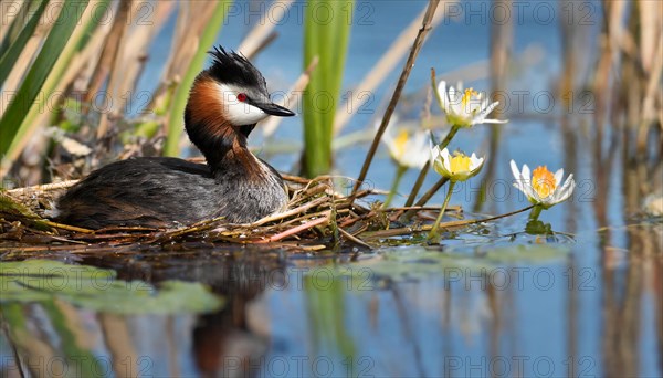 Ai generated, animal, animals, bird, birds, biotope, habitat, a, individual, swims, waters, reeds, water lilies, blue sky, foraging, wildlife, summer, seasons, great crested grebe (podiceps cristatus), breeds, nest