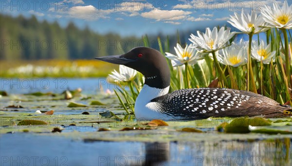 Ai generated, animal, animals, bird, birds, biotope, habitat, a, individual, swims, waters, breeds, nest, reeds, water lilies, blue sky, foraging, wildlife, summer, seasons, loon, (Gavia immer), tundra, Greenland, Iceland, Canada, loon, winters on the coasts of Europe, North America