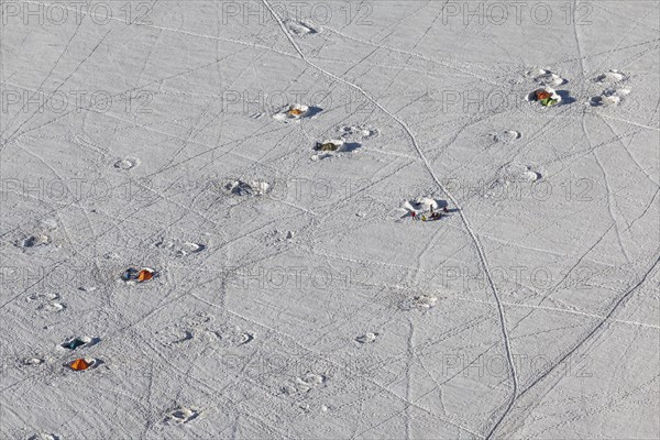 Mountaineers in tent camp on glacier, base camp, Mont Blanc massif, French Alps, Chamonix, France, Europe