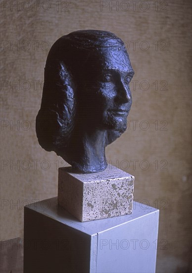 Bust of Anne Frank in the Anne Frank House, Prinsengracht, Amsterdam, Netherlands. Europe. Scanned 4.5x6 dia
