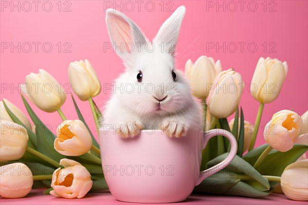Cute small easter bunny in pink cup with tulip flowers. KI generiert, generiert AI generated