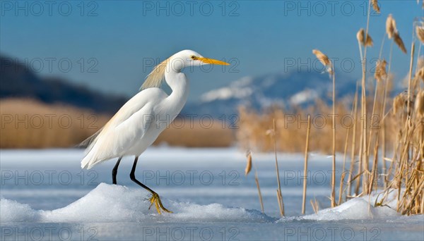 KI generated, animal, animals, bird, birds, biotope, habitat, one, individual, water, reed, snow, ice, winter, blue sky, foraging, wildlife, seasons, cattle egret (Bubulcus ibis)