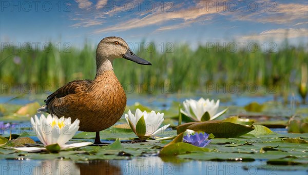 KI generated, animal, animals, bird, birds, biotope, habitat, a, individual, swims, water, reeds, water lilies, blue sky, foraging, wildlife, summer, seasons, northern shoveler (Spatula clypeata), female