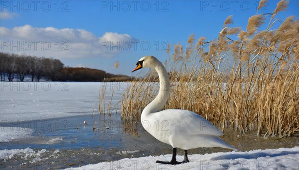 KI generated, animal, animals, bird, birds, biotope, habitat, a, individual, winter, ice, snow, water, reeds, blue sky, foraging, wildlife, seasons, mute swan (Cygnus olor)