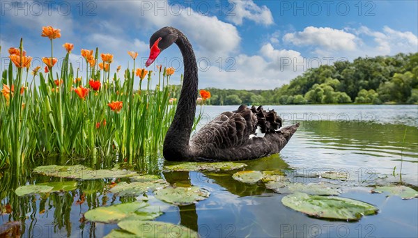 Ai generated, animal, animals, bird, birds, biotope, habitat, a, individual, swims, waters, reeds, water lilies, blue sky, foraging, wildlife, summer, seasons, black swan (Cygnus atratus), Black Swan