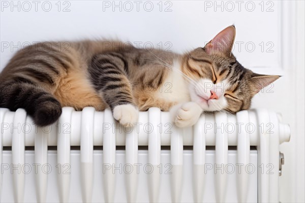 Cat sleeping on heating radiator. KI generiert, generiert AI generated