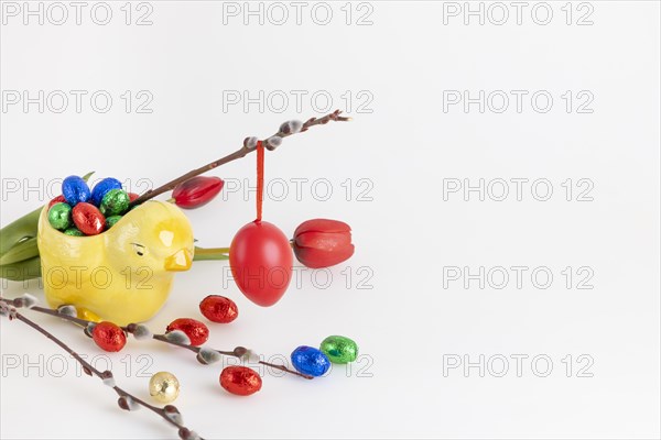 Red Easter egg hanging on a willow branch with tulips and chocolate eggs, white background, copy space