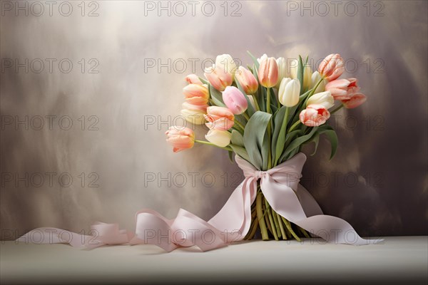 Bouquet of tulip spring flowers with silk ribbon. KI generiert, generiert AI generated