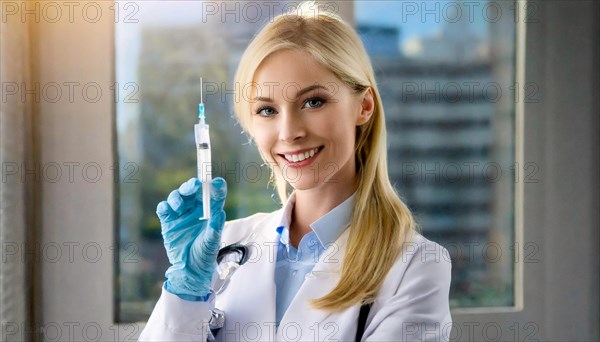 AI generated, RF, woman, woman, doctor, female doctor, 25, 30, years, attractive, attractive, doctor's office, holds a syringe in her hand, disposable syringe, flu shot, corona, pneumococcal, prevention, health, blonde, blonde, beautiful teeth, long hair