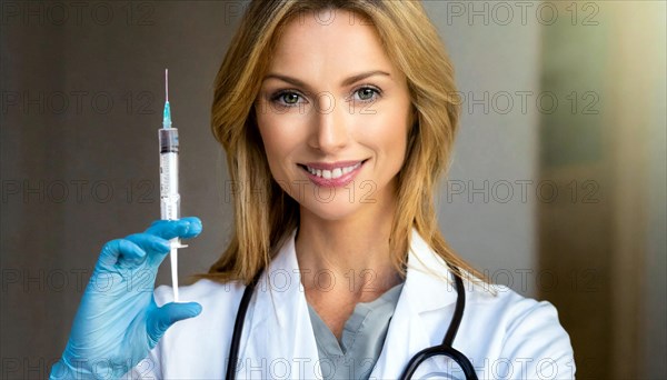 AI generated, RF, woman, woman, doctor, female doctor, 25, 30, years, attractive, attractive, doctor's office, holds a syringe in her hand, disposable syringe, flu shot, corona, pneumococcal, prevention, health, blonde, blonde, beautiful teeth, long hair