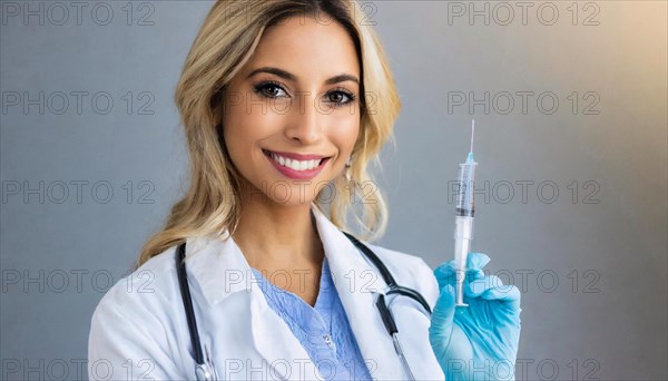 AI generated, RF, woman, woman, doctor, female doctor, 25, 30, years, attractive, attractive, doctor's office, holds a syringe in her hand, disposable syringe, flu shot, corona, pneumococcal, prevention, health, blonde, blonde, beautiful teeth, long hair