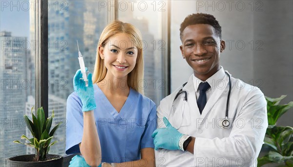 Ai generated, RF, woman, woman, man, men, doctor, female doctor, two, 30-35, years, attractive, attractive, doctor's office, holds a syringe in her hand, disposable syringe, flu shot, corona, pneumococcal, prevention, health, blonde, blond, blonde, beautiful teeth, long hair, two people, German, African