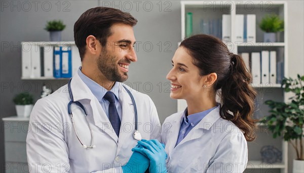 AI generated, RF, woman, woman, man, men, doctor, female doctor, two, 30-35, years, attractive, attractive, doctor's office, hold, hand, in love, love, affection, tenderness, blond, blonde, blonde, beautiful teeth, long hair, two people, lovers, bearded, AI generated