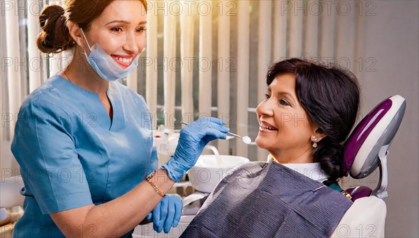 AI generated, dentist treating a middle-aged woman, dentist, blonde, 30, 35, years, dental treatment, follow-up examination, AI generated
