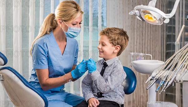 AI generated, dentist treats little boy, dentist, blonde, 30, 35, years, dental treatment, follow-up, AI generated