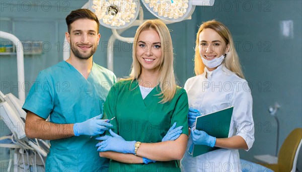 AI generated, RF, woman, woman, man, doctor, doctor team, team, 30, years, attractive, attractive, doctor's office, operating theatre, operating room, examination, prevention, health, blond, blonde, blonde, beautiful teeth, long hair, beard bearer, three people, two. woman, one doctor, AI generated