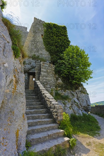 Ruin Reussenstein, ruin of a rock castle above Neidlingen, rock above the Neidlingen valley, ministerial castle of the Teck dominion, stone staircase, wall, Neidlingen, Swabian Alb, Baden-Wuerttemberg, Germany, Europe