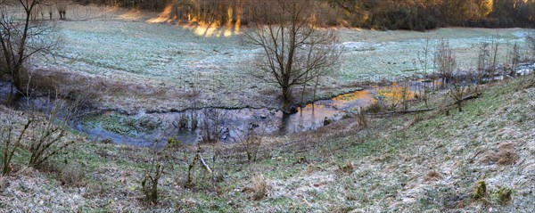 Stream in a frosty valley, Thuisbrunn, Upper Franconia, Bavaria, Germany, Europe