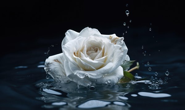 An elegant white rose with splashing water droplets against a dark background AI generated