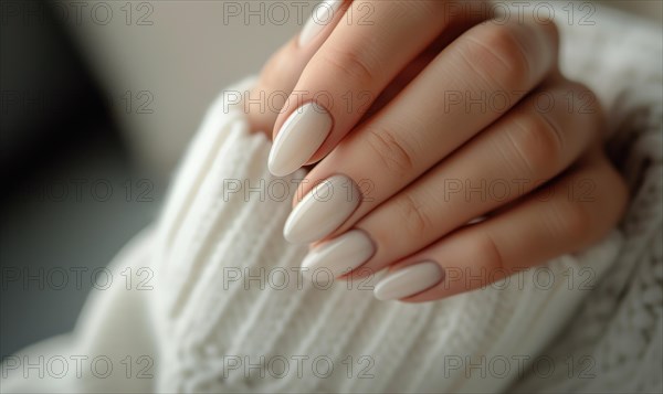 Female hand with white nail design. Glitter white nail polish manicure. Woman hand with white sweater AI generated