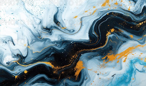 Blue and gold abstract acrylic background. Marbling artwork texture. Agate ripple pattern. Gold powder AI generated