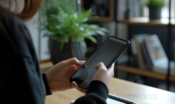 Cropped image of young businesswoman using smartphone while sitting at desk in office. Mockup AI generated