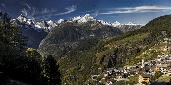 Visperterminen with the Bietschhorn in the Swiss Alps, idyll, idyllic, summer, mountain village, panorama, travel, holiday, hiking holiday, hiking, tourism, outdoor, Valais, Switzerland, Europe