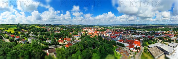 Aerial view of Dingolfing with a view of the historic town centre. Dingolfing, Lower Bavaria, Bavaria, Germany, Europe