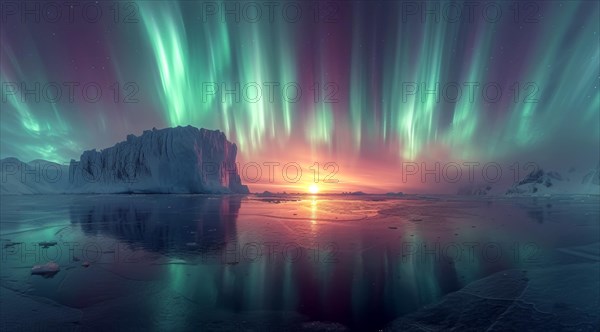 Sunset and green aurora borealis casting reflections over icebergs in a frozen landscape, AI generated