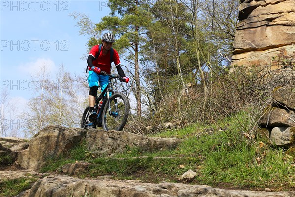 Mountain biker in difficult terrain in the Palatinate Forest near Wolfsburg