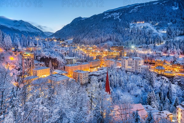 Deep snowy winter panorama of the village at dusk, Bad Gastein, Gastein Valley, Hohe Tauern National Park, Salzburg Province, Austria, Europe