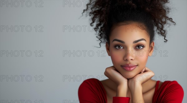Smiling woman with afro, hands on chin, wearing red, portraying an engaging look, AI generated