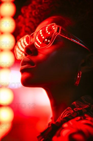 Close-up of a woman with glittering glasses and earrings, looking mysterious due to red light and shadows, AI generated, AI generated