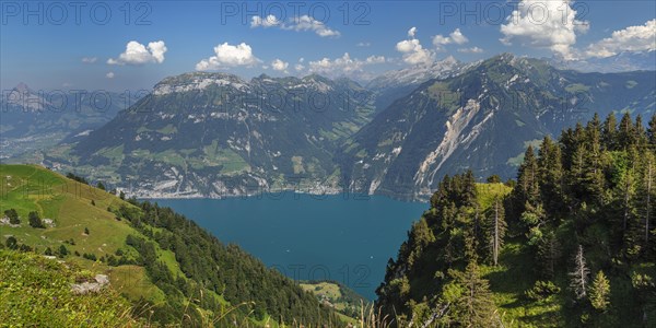 View from Niederbauen Kulm (1923m) to Fronalpstock (2123m) and Sisikon, Lake Lucerne, Canton Uri, Switzerland, Lake Lucerne, Uri, Switzerland, Europe