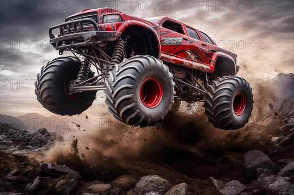 Monster truck driving and jumping outdoors amidst a cloud of dust. Thrill and adrenaline of an outdoor racing event on off-road terrain, AI generated