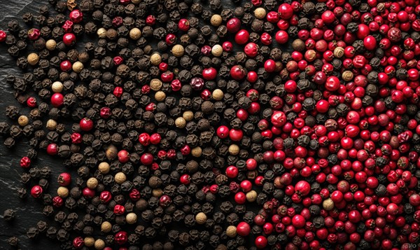 Red, black, white and pink peppercorns on black background AI generated