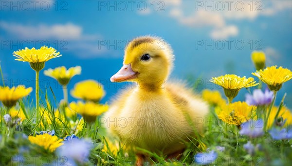 KI generated, animal, animals, bird, birds, biotope, habitat, one, single animal, foraging, wildlife, duck, ducks, domestic duck, female, (Anas platyrhynchos) white, white, yellow ducklings, young animals, animal children, two, three, four, white duck mother with yellow chicks, excursion, water, meadow, grass, spring, summer, flowers, pond, swimming, sitting, farm animal, domestic animal