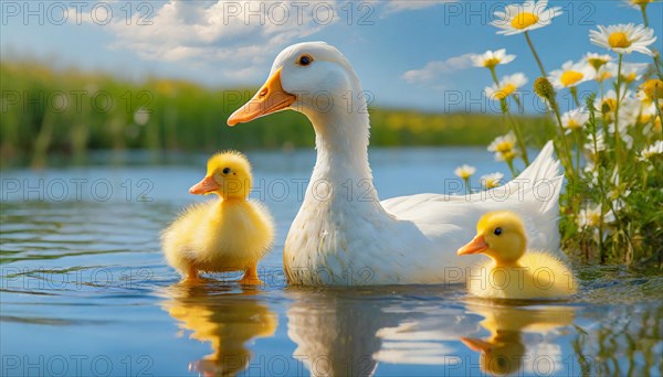 KI generated, animal, animals, bird, birds, biotope, habitat, one, single animal, foraging, wildlife, duck, ducks, domestic duck, female, (Anas platyrhynchos) white, white, yellow ducklings, young animals, animal children, two, three, four, white duck mother with yellow chicks, excursion, water, meadow, grass, spring, summer, flowers, pond, swimming, sitting, farm animal, domestic animal