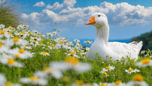 AI generated, animal, animals, bird, birds, biotope, habitat, one, individual, foraging, wildlife, goose, domestic goose, domestic geese, (Anser anser), female, gosling, gosling, yellow gosling, swim, pond, body of water, water, lie, meadow, flowers, summer, two, three, four, pet, domestic animals, farm animal, farm animals