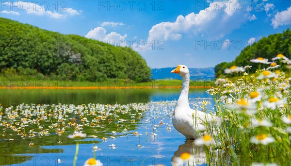 AI generated, animal, animals, bird, birds, biotope, habitat, one, individual, foraging, wildlife, goose, domestic goose, domestic geese, (Anser anser), female, gosling, gosling, yellow gosling, swim, pond, body of water, water, lie, meadow, flowers, summer, two, three, four, pet, domestic animals, farm animal, farm animals