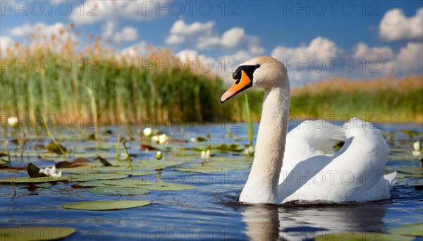 Ai generated, animal, animals, bird, birds, biotope, habitat, one, individual, swims, waters, reeds, water lilies, blue sky, foraging, wildlife, white, white swan, swans, mute swan (Cygnus olor), summer, seasons, sideways