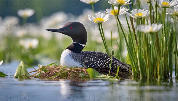 Ai generated, animal, animals, bird, birds, biotope, habitat, a, individual, swims, waters, breeds, nest, reeds, water lilies, blue sky, foraging, wildlife, summer, seasons, loon, (Gavia immer), tundra, Greenland, Iceland, Canada, loon, winters on the coasts of Europe, North America