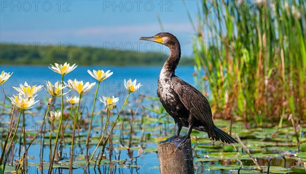 Ai generated, animal, animals, bird, birds, biotope, habitat, a, single animal, stands on pole, waters, reeds, water lilies, blue sky, foraging, wildlife, summer, seasons, great cormorant (Phalacrocorax carbo)