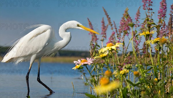 KI generated, animal, animals, bird, birds, biotope, habitat, one, individual, water, reeds, water lilies, blue sky, foraging, wildlife, summer, seasons, great egret, (Adrea alba, Syn: Casmerodius albus, Egretta alba)