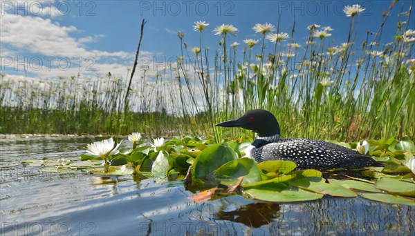 Ai generated, animal, animals, bird, birds, biotope, habitat, a, individual, swims, waters, breeds, nest, reeds, water lilies, blue sky, foraging, wildlife, summer, seasons, loon, (Gavia immer), tundra, Greenland, Iceland, Canada, loon, winters on the coasts of Europe, North America