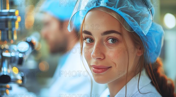 A female medical staff member in scrubs by a microscope in a laboratory, ai generated, AI generated