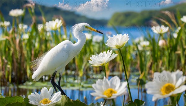 KI generated, animal, animals, bird, birds, biotope, habitat, a, individual, water, reeds, water lilies, blue sky, foraging, wildlife, summer, seasons, cattle egret (Bubulcus ibis)